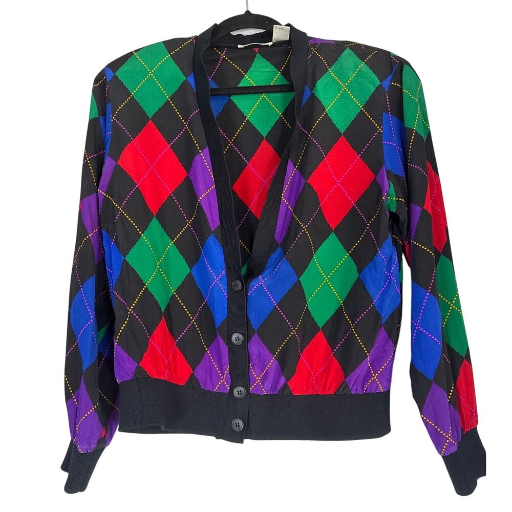 Vintage 80s Silk Colorful Argyle Cardigan Size 8 Multicolor Diamond Joker Fun